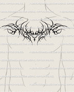 cyber tribal and neotribal blackwork chest tattoo stencil shown on mens chest to illustrate natural upper chest placement and width