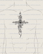 cyber gothic cross tattoo stencil displayed on mens center chest placement with long vertical layout, gemstone center, and spiky ornamental details