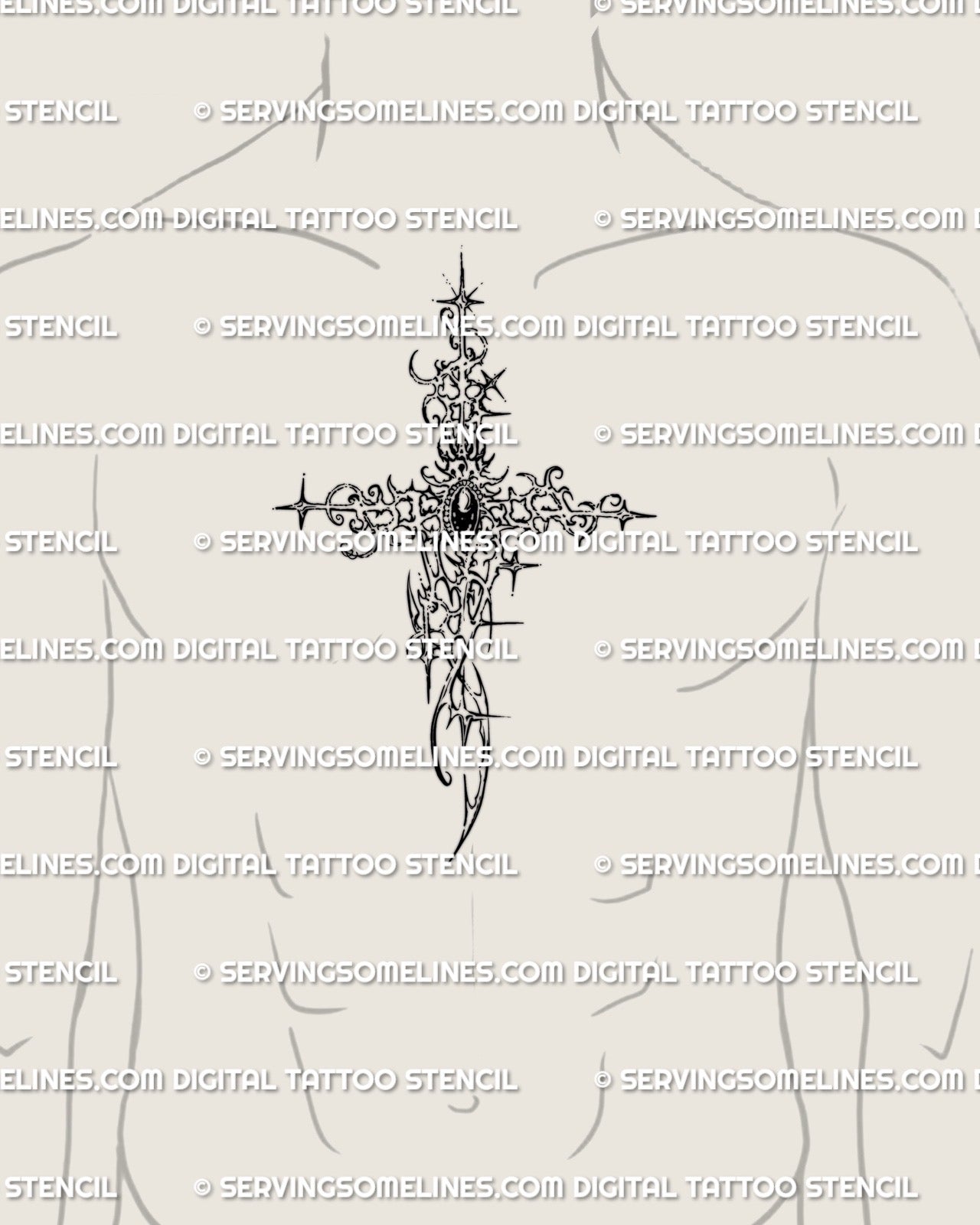 cyber gothic cross tattoo stencil displayed on mens center chest placement with long vertical layout, gemstone center, and spiky ornamental details