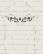 Centered men’s chest tattoo stencil shown across the upper chest with fine line futuristic curves and a centered sparkle displayed as a digital preview