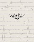 Men’s chest placement angel lettering tattoo, neotribal cyber script linework blending gothic calligraphy and modern ornamental edge.