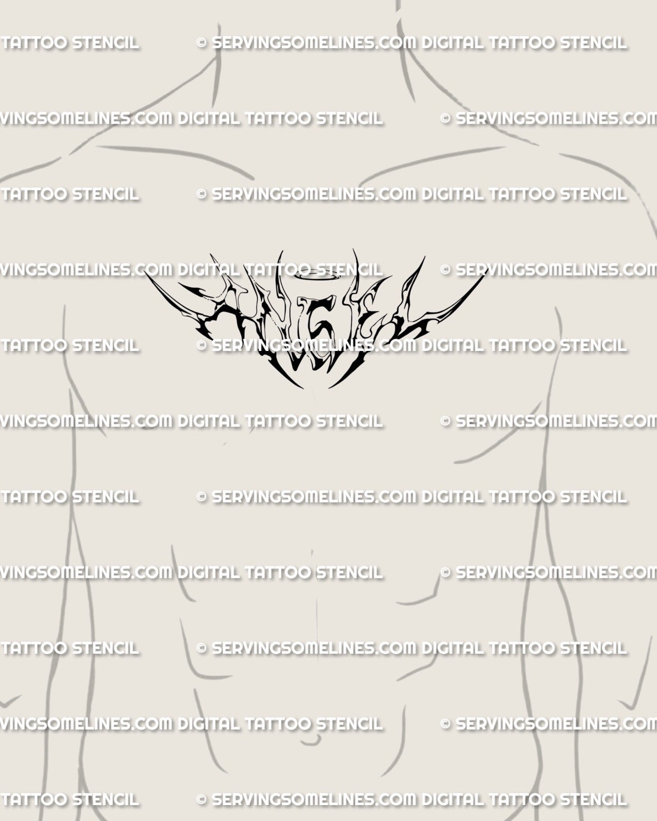 Men’s chest placement angel lettering tattoo, neotribal cyber script linework blending gothic calligraphy and modern ornamental edge.