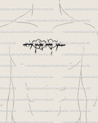 Barbed wire bleeding hearts tattoo displayed on male chest center, bold black linework flash with symbolic heartbreak meaning. 