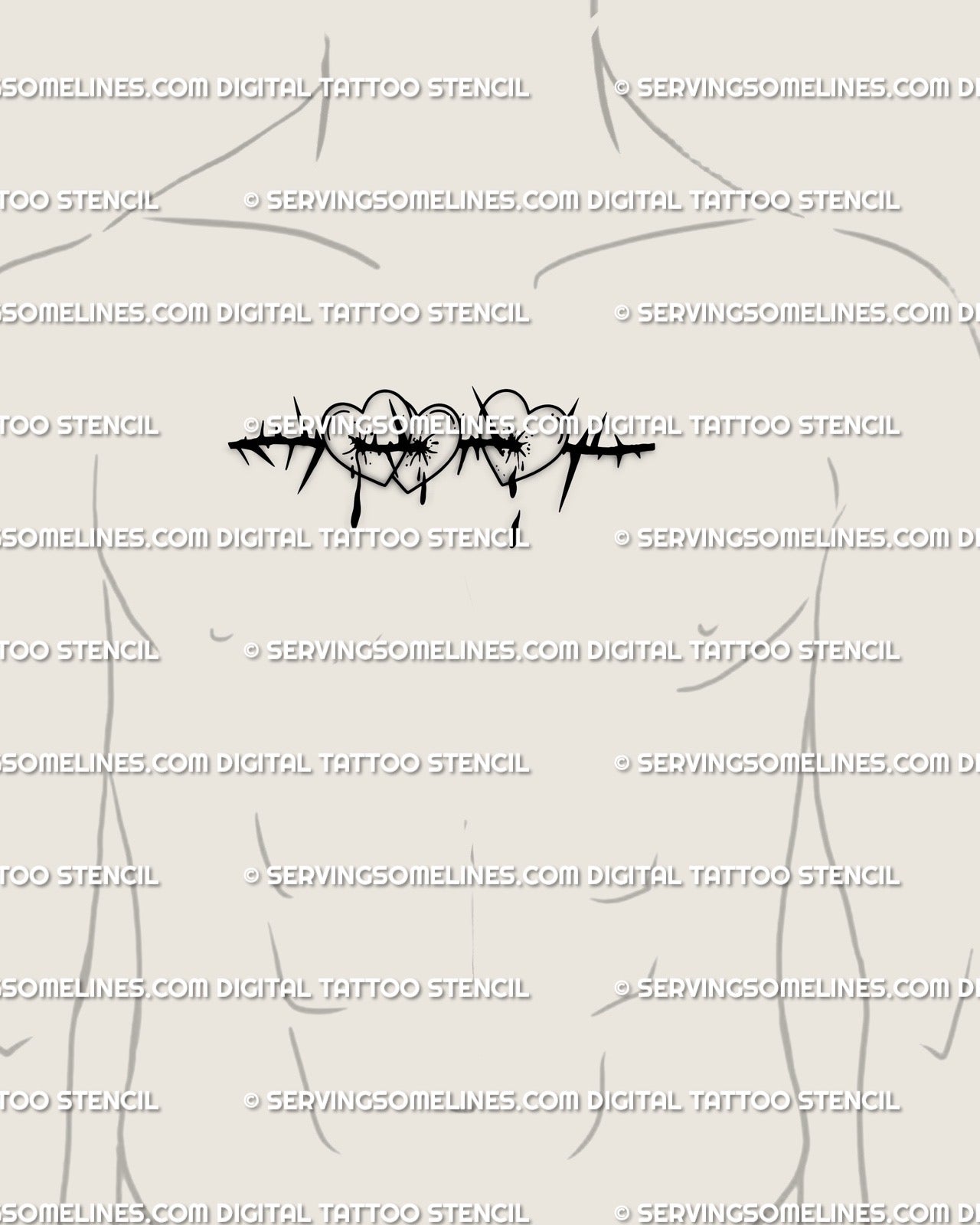 Barbed wire bleeding hearts tattoo displayed on male chest center, bold black linework flash with symbolic heartbreak meaning. 