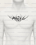 Gothic angel lettering tattoo digital design preview on men’s chest center, blackwork neotribal wings and cybersigil style forming dark halo shape.