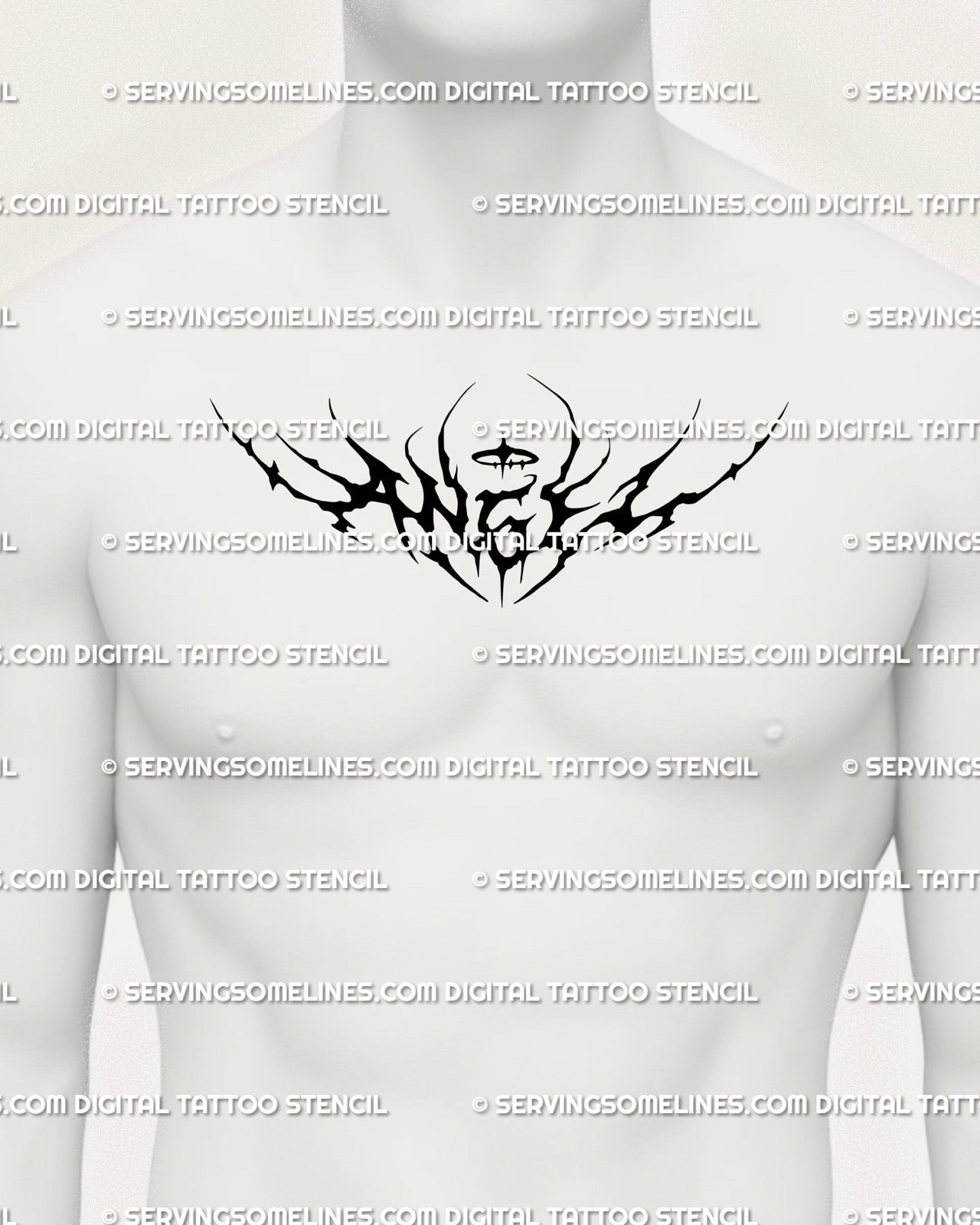 Gothic angel lettering tattoo digital design preview on men’s chest center, blackwork neotribal wings and cybersigil style forming dark halo shape.