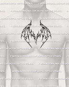 Men’s chest center wing tattoo stencil placement preview, wide bat-wing spread with sigil core, high-res printable download