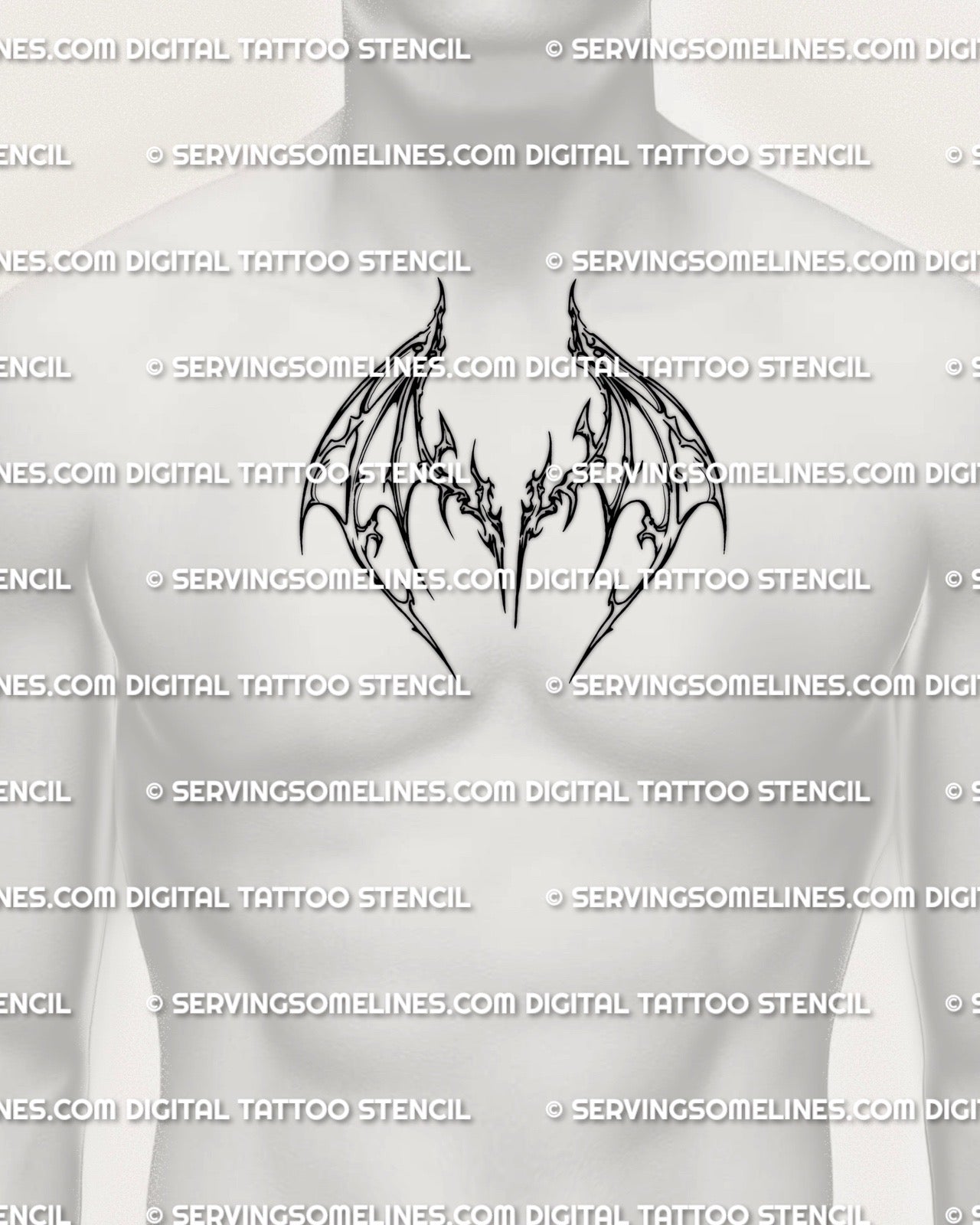 Men’s chest center wing tattoo stencil placement preview, wide bat-wing spread with sigil core, high-res printable download