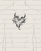 Men’s chest center blackwork thorn heart tattoo stencil, bold tribal heart design showing curved spikes and gothic-inspired detail. 