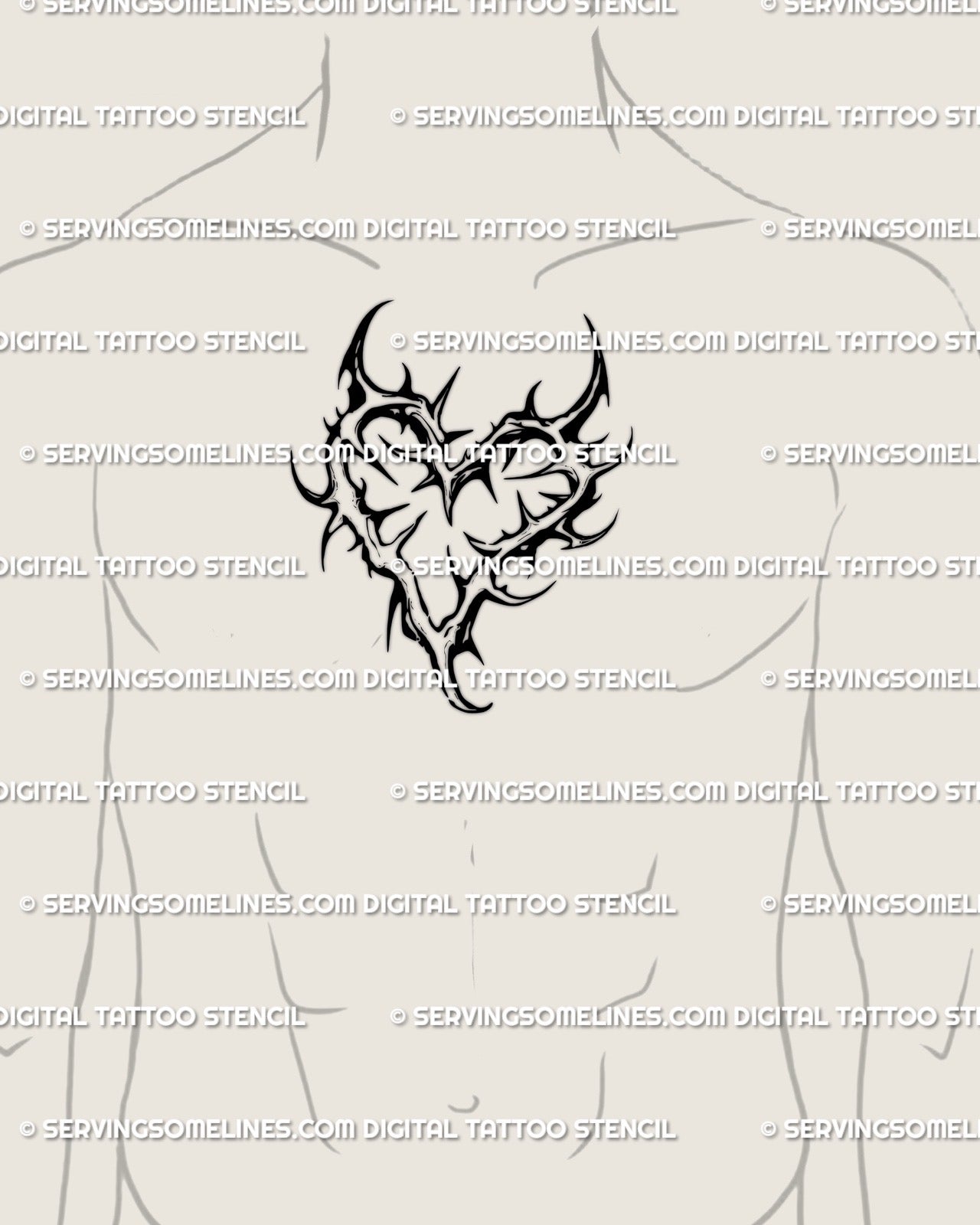 Men’s chest center blackwork thorn heart tattoo stencil, bold tribal heart design showing curved spikes and gothic-inspired detail. 