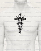 Dark fairy cross tattoo stencil shown on men chest center placement, fallen angel style cross, bold blackwork.