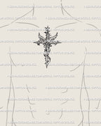 Men’s chest center display of cybersigilism cross tattoo design, detailed ornamental rose and vine gothic linework. 