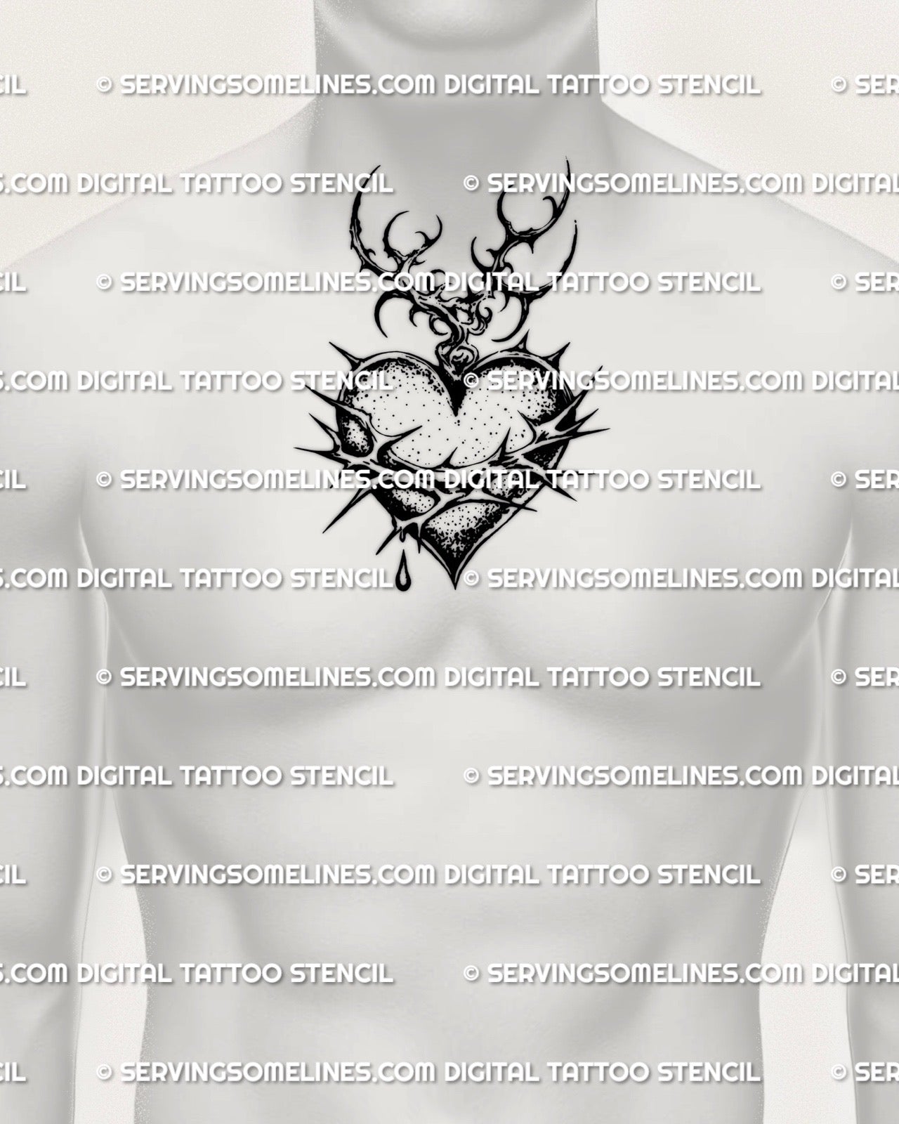 Men’s chest center placement example, dark sacred heart with barbed wire, crown of thorns, flame tips, bold blackwork silhouette