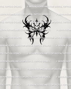 Dark winged moth tattoo stencil shown on men’s chest center placement, a gothic tattoo design for guys built for symmetry and impact.
