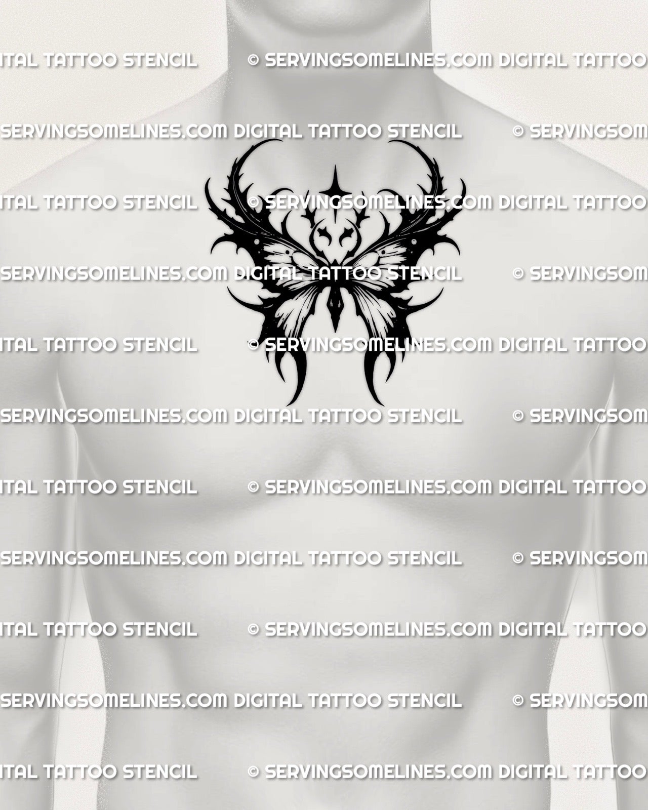 Dark winged moth tattoo stencil shown on men’s chest center placement, a gothic tattoo design for guys built for symmetry and impact.
