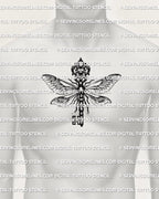Gothic dragonfly key tattoo stencil displayed on mens chest center placement, dragonfly wings fused into a vertical key.