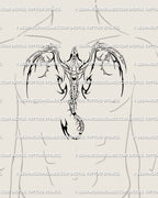 Men’s chest cyber dragon tattoo idea, bold neotribal winged design with symmetrical cybersigilism lines for a futuristic gothic armor look.