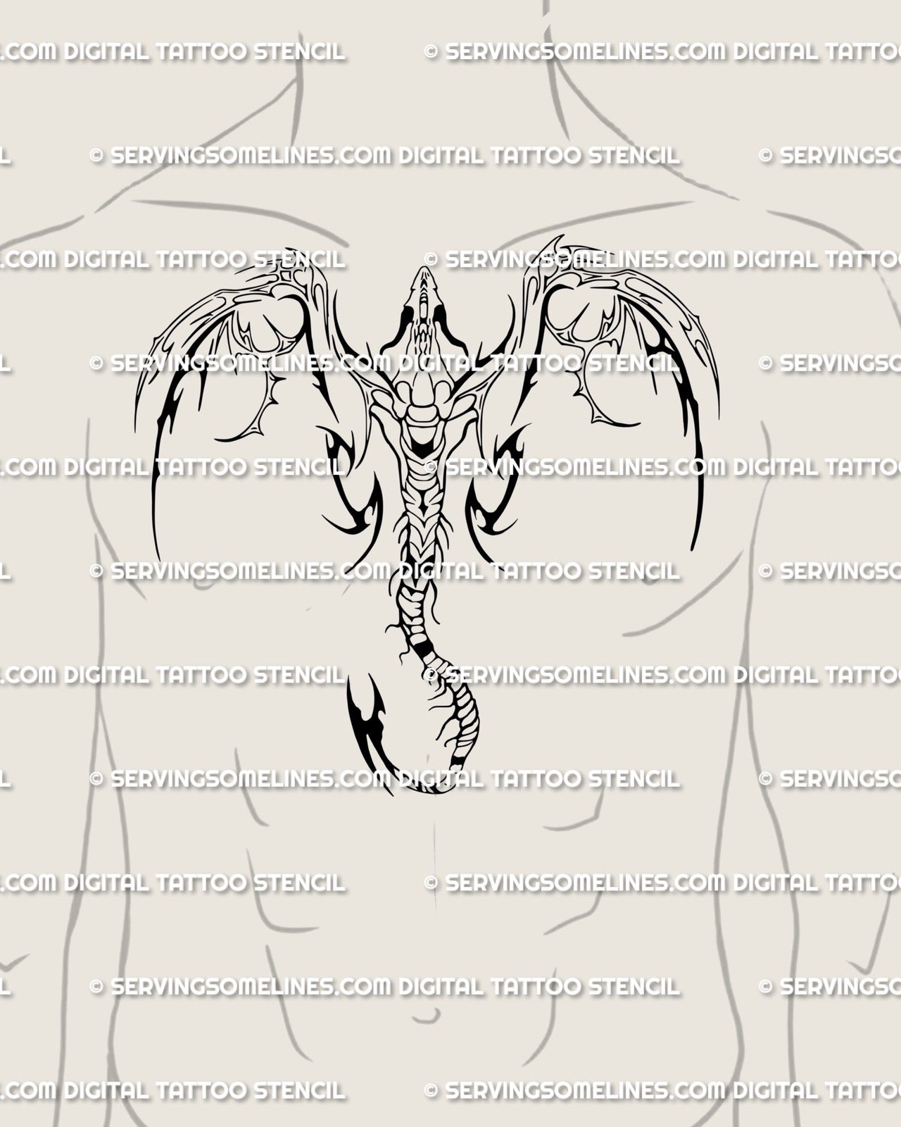 Men’s chest cyber dragon tattoo idea, bold neotribal winged design with symmetrical cybersigilism lines for a futuristic gothic armor look.