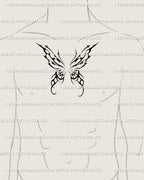 Cyber sigil butterfly tattoo on man’s chest, bold tribal wings with occult symmetry and masculine witchcore edge. 
