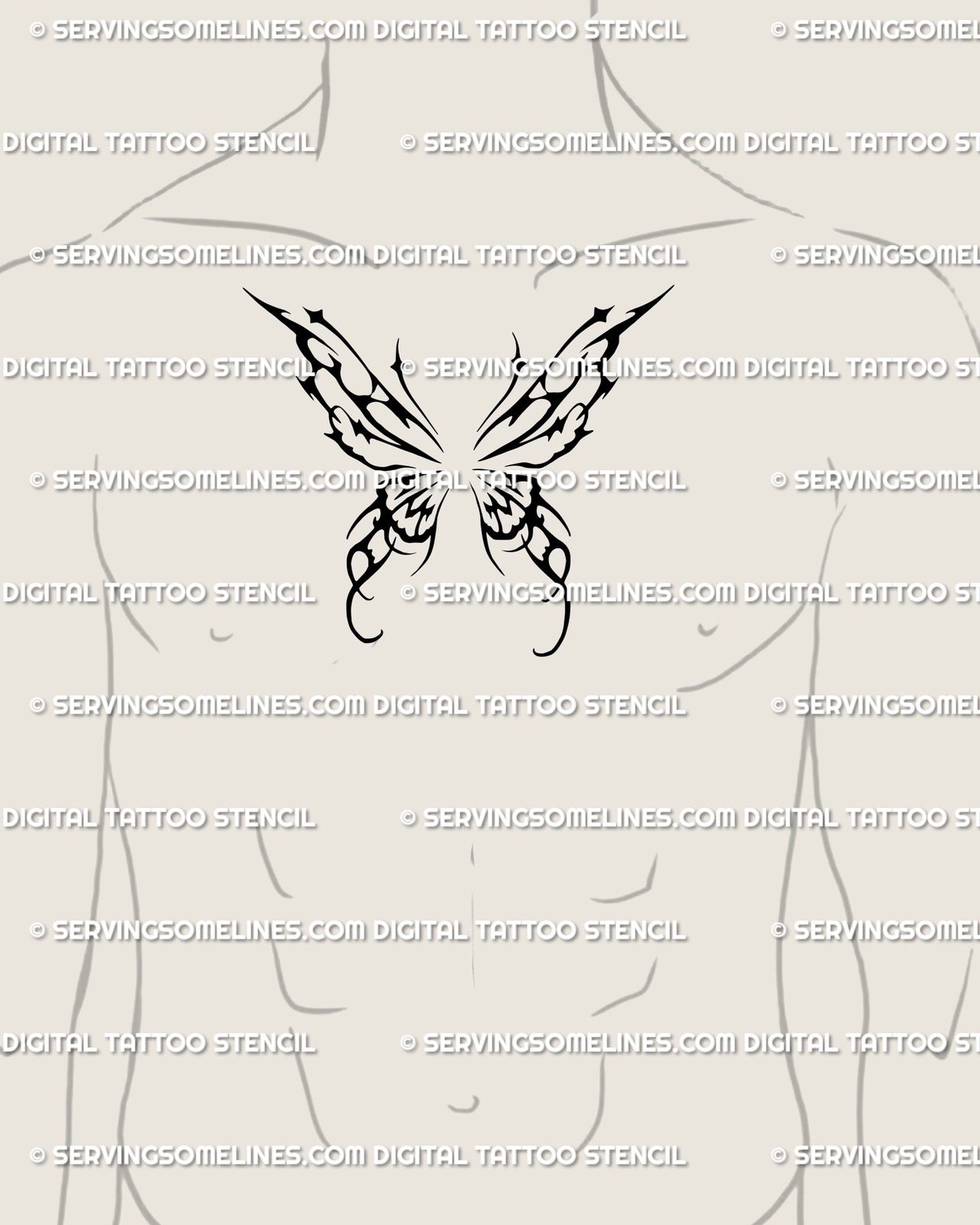 Cyber sigil butterfly tattoo on man’s chest, bold tribal wings with occult symmetry and masculine witchcore edge. 