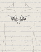 Men’s chest Taurus tattoo idea, bold heart horns cyber tribal linework combining earth sign power and ornamental balance in fine detail.