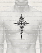 blackwork gothic cross tattoo stencil shown on mens chest center placement, cyber cross design for tattoo buyers