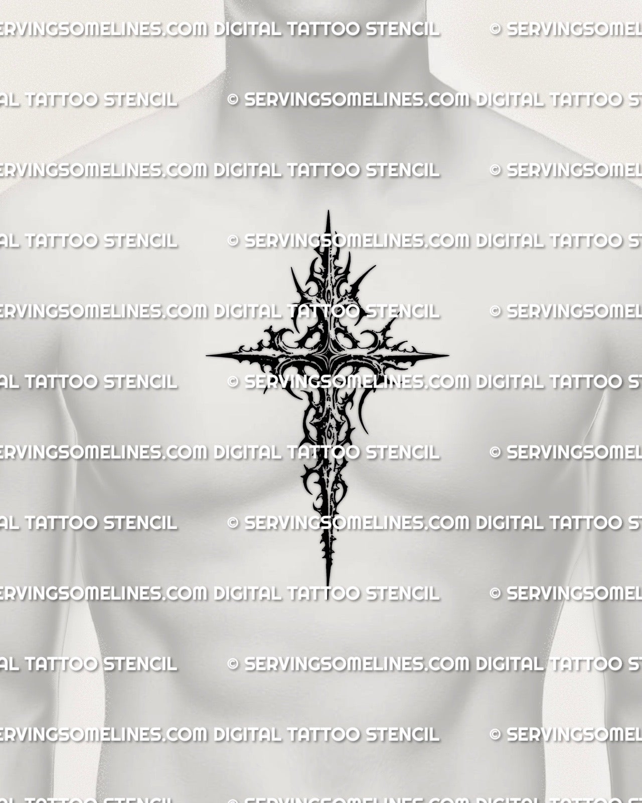 blackwork gothic cross tattoo stencil shown on mens chest center placement, cyber cross design for tattoo buyers
