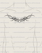 Men’s chest thorn heart wings tattoo stencil in gothic neotribal style, sharp symmetrical lines forming bold ornamental tribal design.
