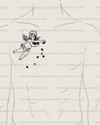 Male chest tattoo with guardian cherub holding hearts, symbolic angel with barbed halo in fine-line digital art style.