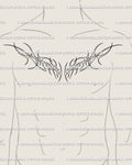 Men’s chest neotribal tattoo stencil in fine line cyber tribal style, symmetrical ornamental flame shapes flowing cleanly across the chest.