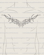 Men’s chest neotribal tattoo stencil in fine line cyber tribal style, symmetrical ornamental flame shapes flowing cleanly across the chest.