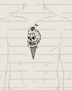 Gothic skull ice cream tattoo placed on men’s chest center, creepy cute evil flash with dripping cone and cherry accent.