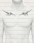Thorn chest tattoo stencil displayed on man’s chest, symmetrical spiked design printed as digital stencil preview for tattoo artists.