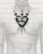 Mens chest sacred heart with three swords tattoo design, all seeing eye center and gothic spikes radiating outward, digital line art 