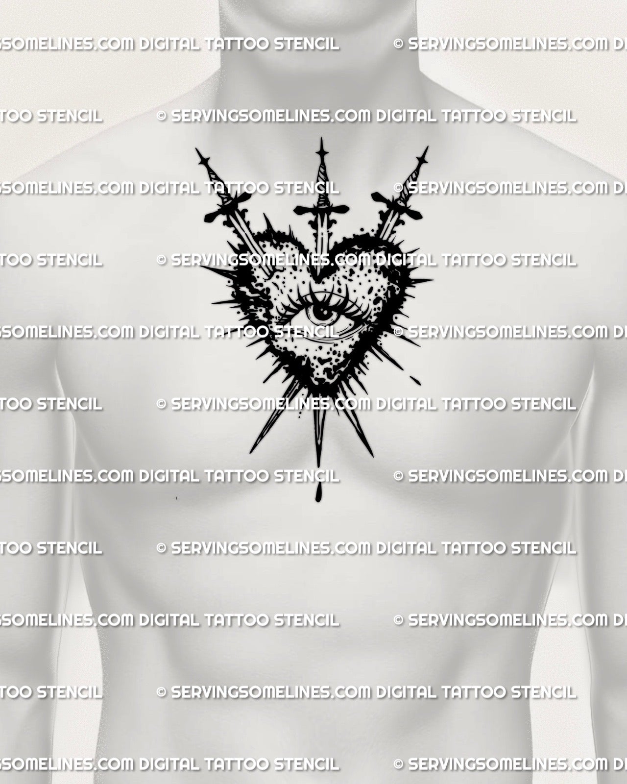 Mens chest sacred heart with three swords tattoo design, all seeing eye center and gothic spikes radiating outward, digital line art 