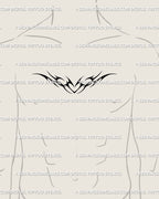 Men’s chest tattoo placement showing small centered neo-tribal heart stencil, gothic blackwork style with sharp ornamental symmetry.