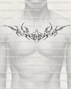 mens chest mannequin showing a chrome tribal blade tattoo with cyber inspired metal curves across the upper chest for a bold armor look