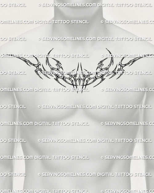 mens chest mannequin showing a chrome tribal blade tattoo with cyber inspired metal curves across the upper chest for a bold armor look