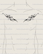 Symmetrical flaming heart tattoo stencil displayed on man’s collarbones, neo-tribal twin piece digital stencil preview. 