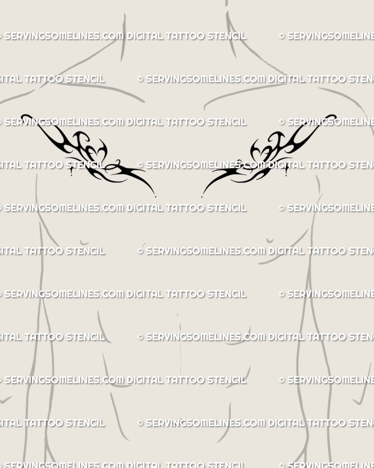 Symmetrical flaming heart tattoo stencil displayed on man’s collarbones, neo-tribal twin piece digital stencil preview. 