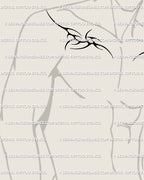 Men’s collarbone side view showing thorn spike tattoo stencil, abstract symmetrical design flowing with chest and shoulder curve.