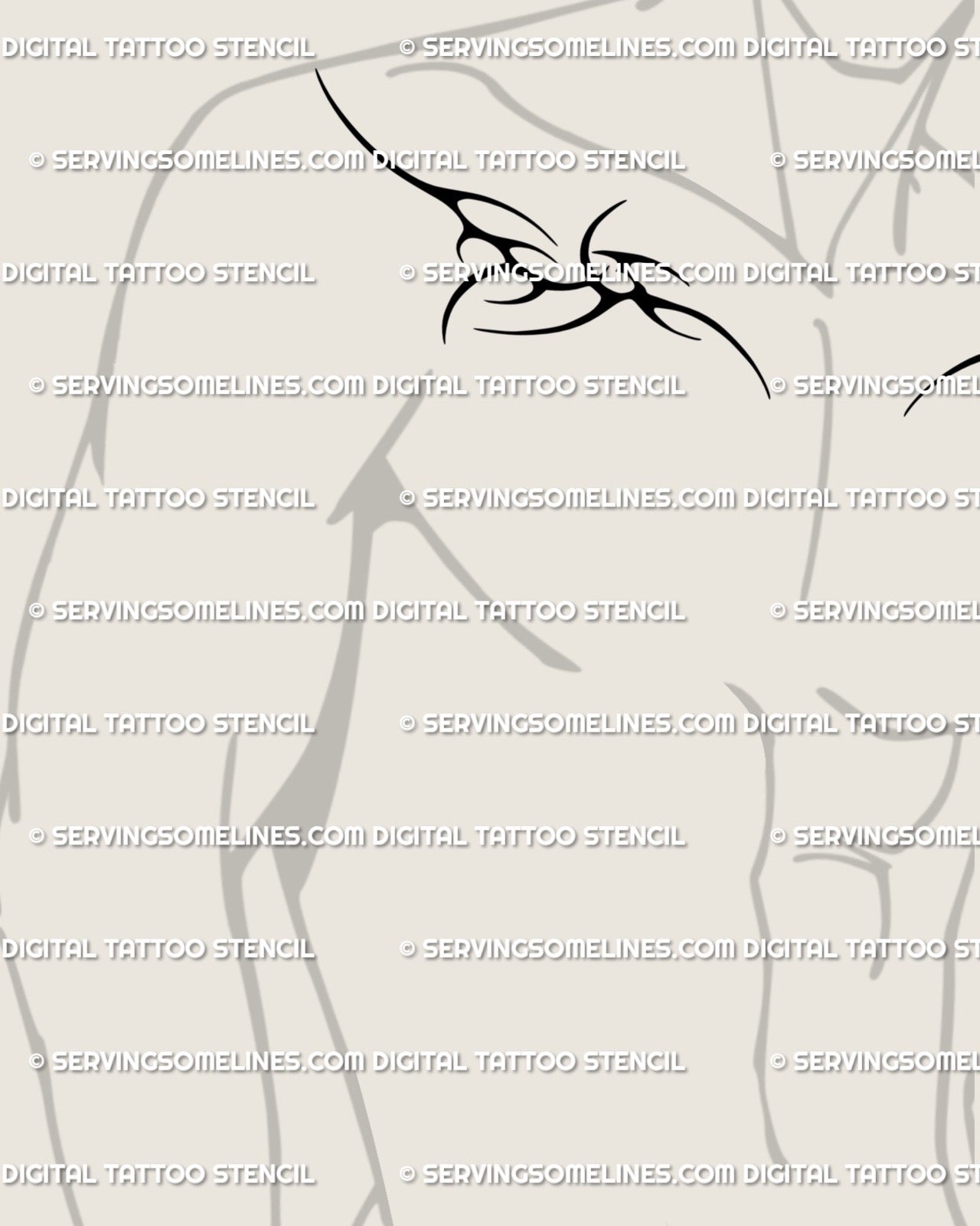 Men’s collarbone side view showing thorn spike tattoo stencil, abstract symmetrical design flowing with chest and shoulder curve.