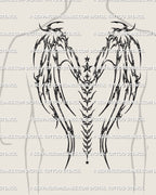 cyber wings back tattoo on male model, star spine chain with futuristic cybersigil lines, full back cyber tattoo design for men
