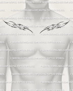 cyber tribal collarbone tattoo on man displayed on one side of chest, sharp sigil curves and futuristic outline