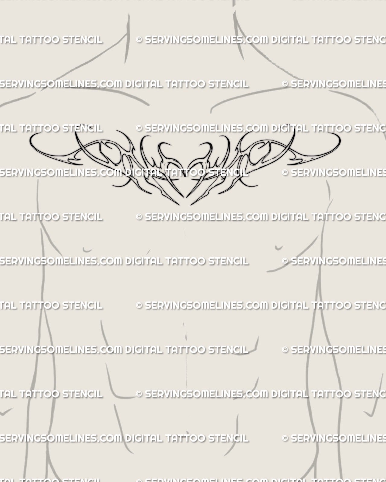 Men’s modern tribal heart chest tattoo stencil, symmetrical cyber-tribal chestpiece pattern with clean minimal ornamental flow