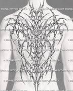 Cybersigilism backpiece tattoo stencil displayed on men’s full back with broad shoulder flow and long spine detail