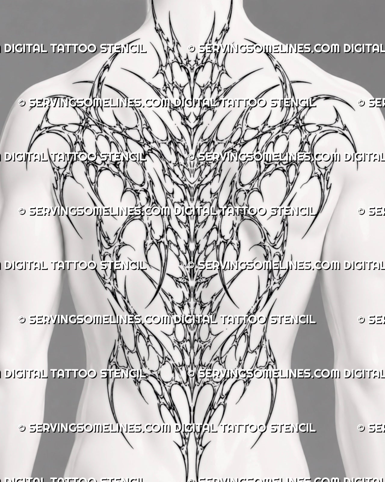 Cybersigilism backpiece tattoo stencil displayed on men’s full back with broad shoulder flow and long spine detail