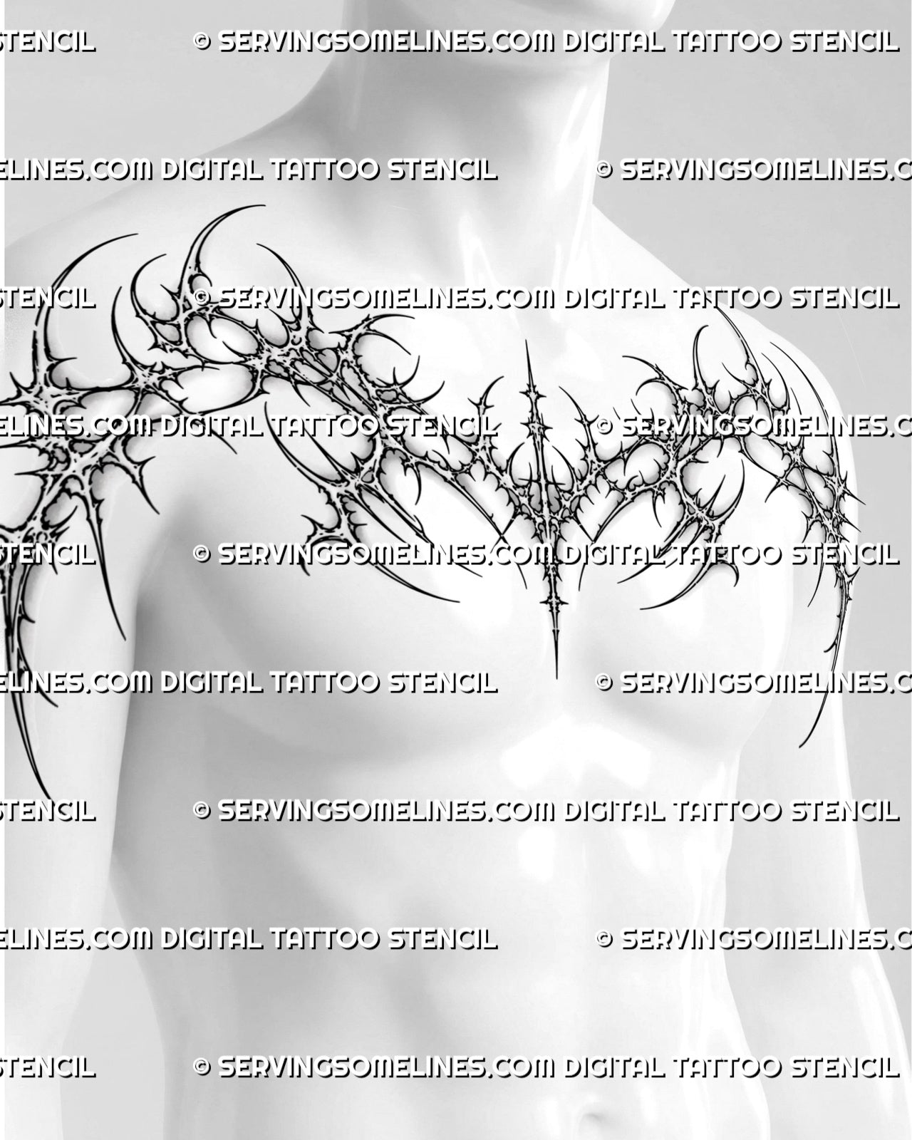Men’s cybersigilism chest tattoo stencil mockup with wide upper chest spread, spiked ornamental flow, and clean stencil layout.