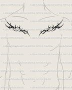 Displayed on man’s chest placement, symmetrical cybersigilism heart tattoo stencil with gothic twin shapes and sparkle details