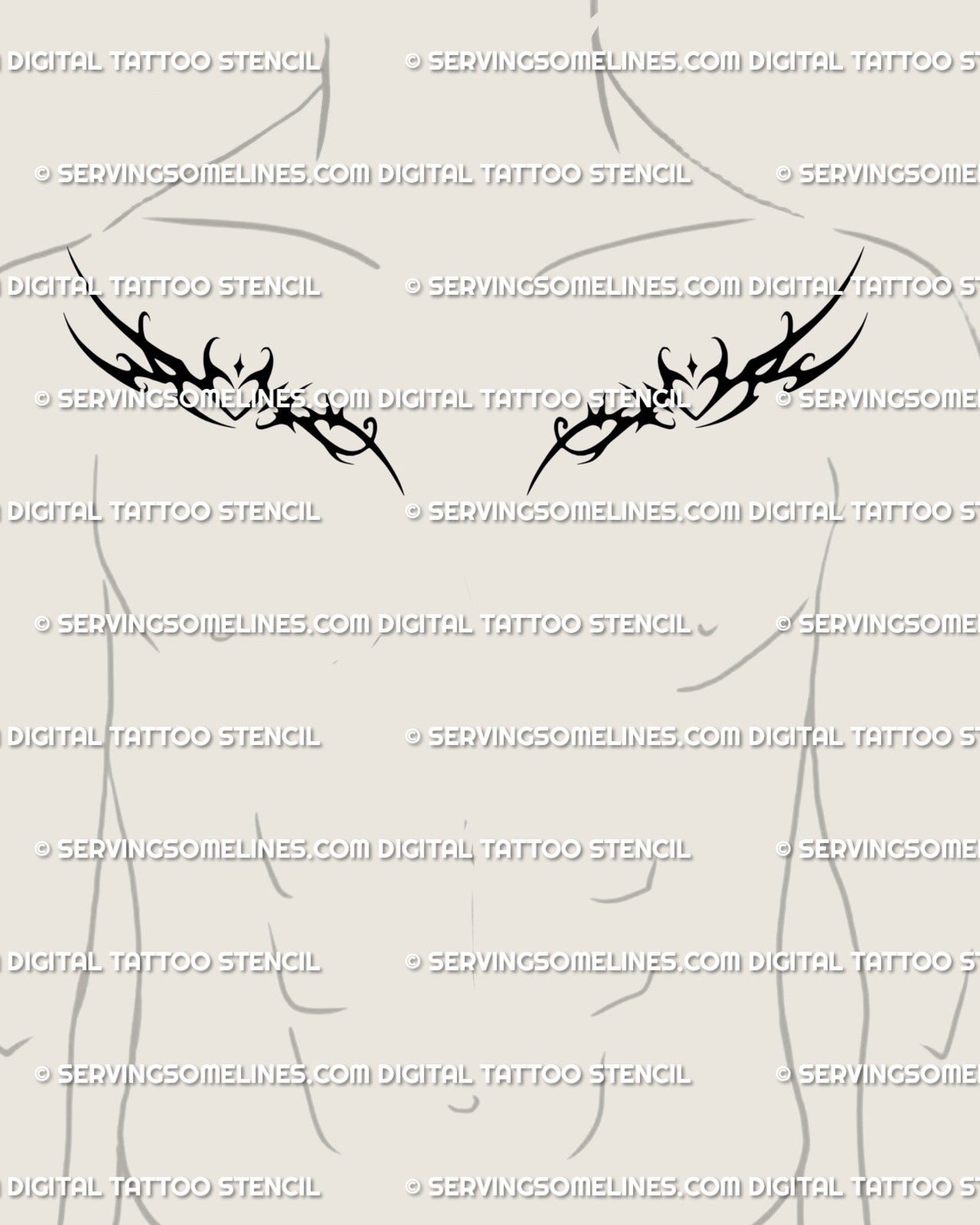 Displayed on man’s chest placement, symmetrical cybersigilism heart tattoo stencil with gothic twin shapes and sparkle details